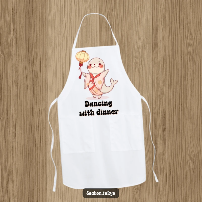 Funny sealion apron with an elegant kimono-clad dancer gracefully twirling a paper lantern, perfect for a refined chef.