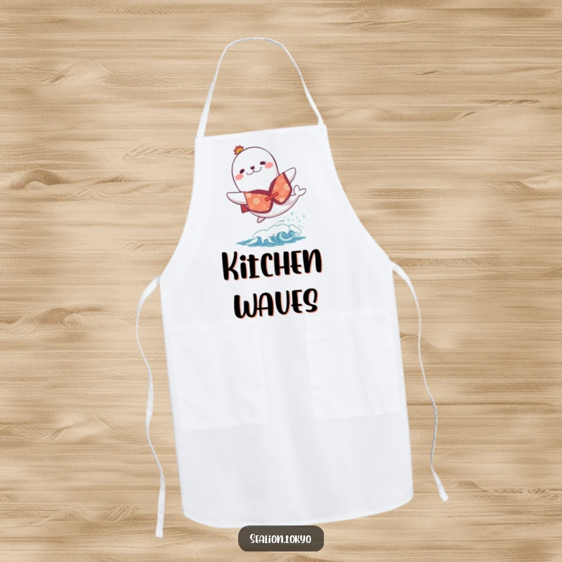 Funny apron designed with a sea lion in a festive kimono, joyfully leaping over a small wave, ready for kitchen fun.