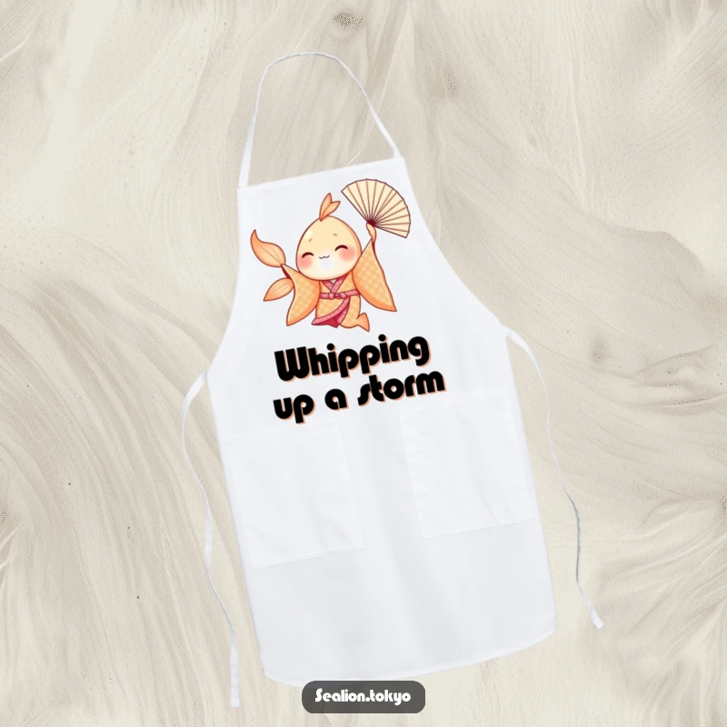 Funny Seafish Apron: Seafish in a shimmering kimono gracefully spinning with a fan, adds humor to cooking.