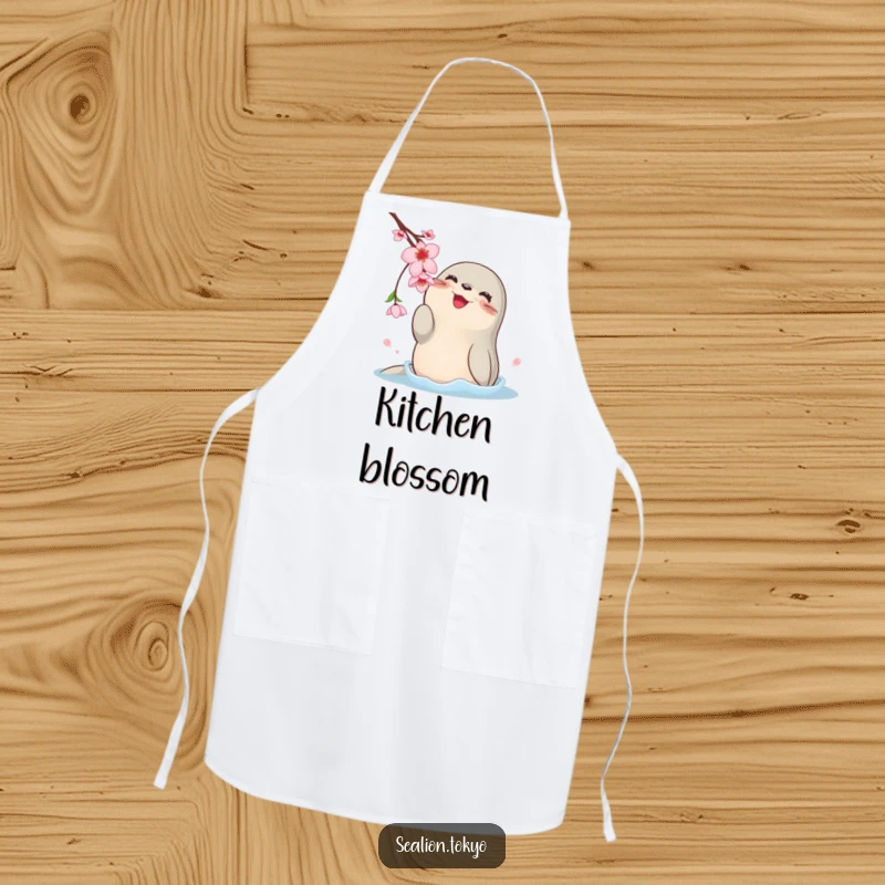 Funny apron featuring a happy, plump sea lion playfully batting at a dangling cherry blossom, ready for kitchen fun.