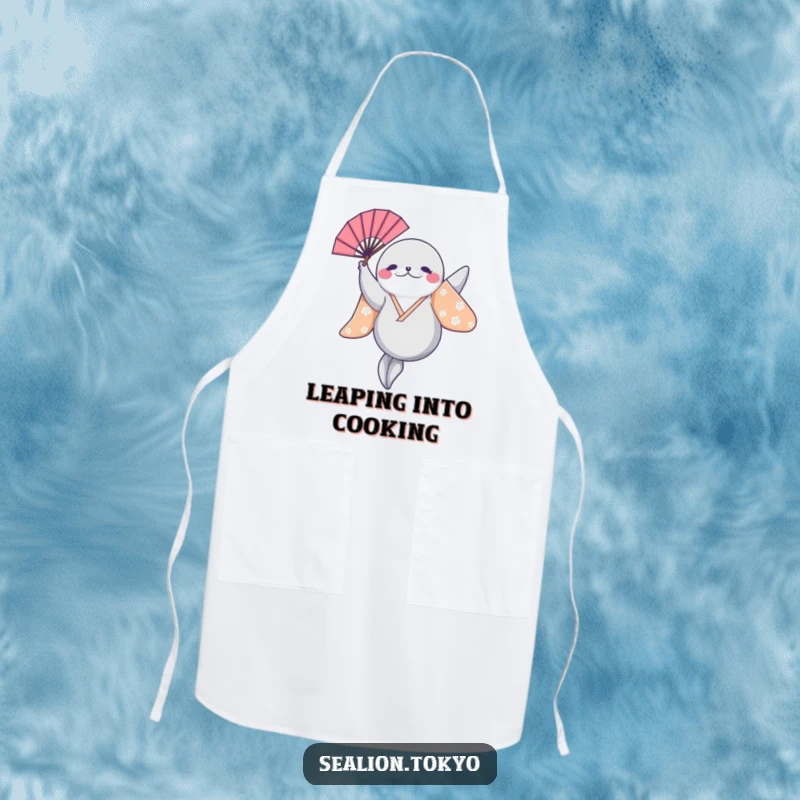 Funny Sealion Apron: A sealion in a bright kimono leaps with a fan, perfect for a humorous and functional kitchen accessory.