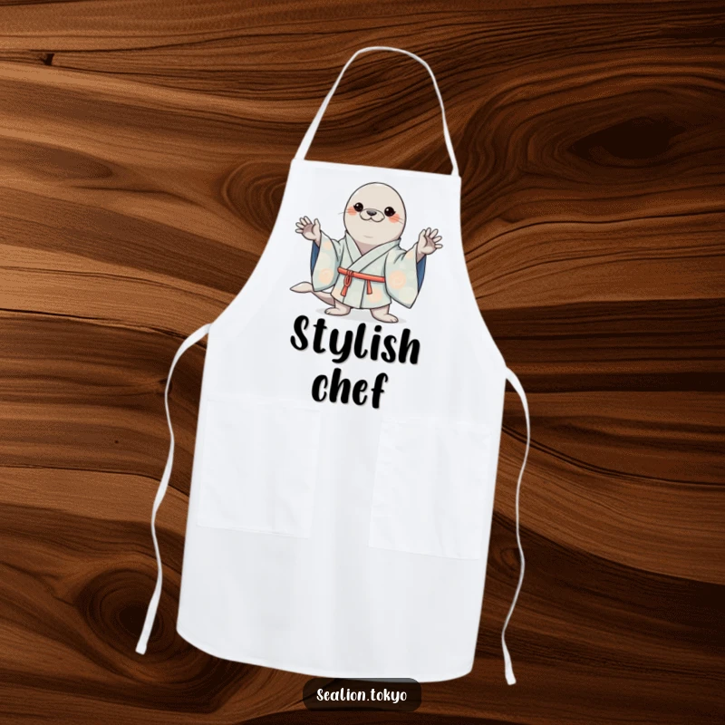 Funny apron designed with a kawaii sea lion striking a confident pose in a wide-sleeved kimono, ready for kitchen fun.