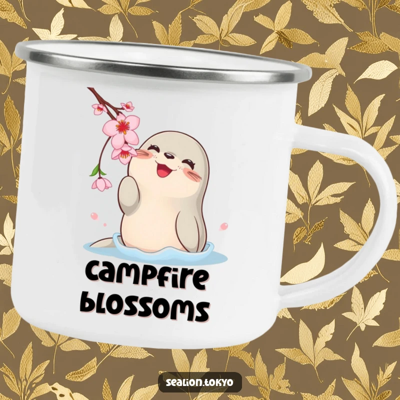 Funny enamel camping mug featuring a happy, rotund sea lion playfully batting at a sweet cherry blossom, ready for adventure.
