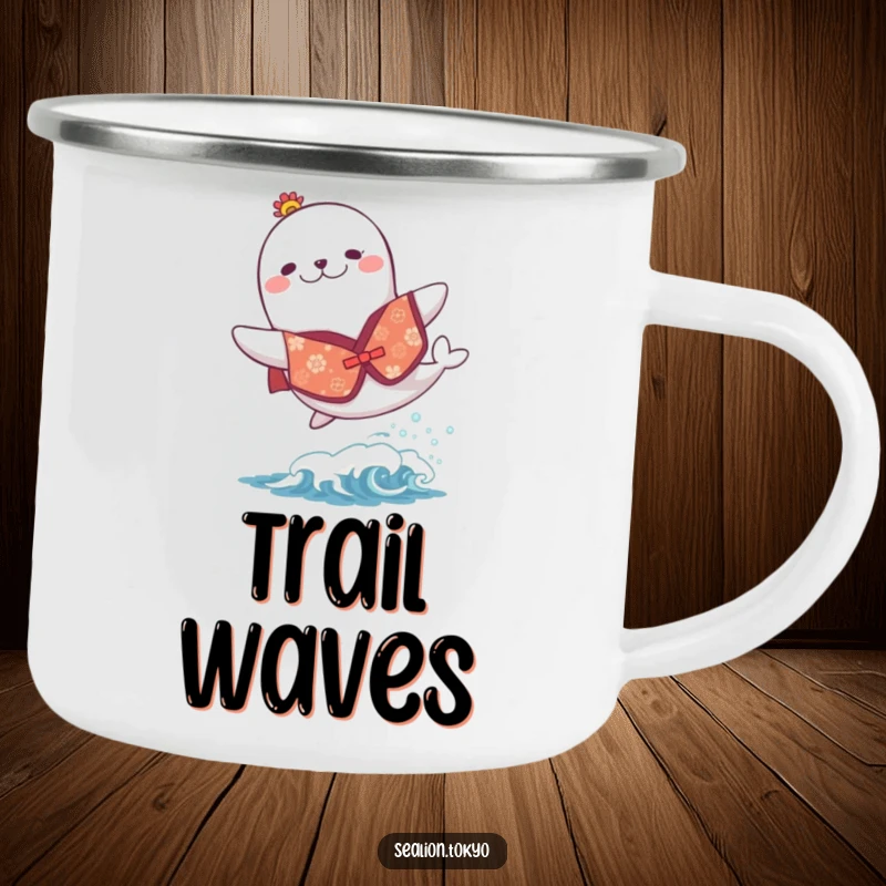 Funny enamel camping mug featuring a sea lion in a festive kimono, joyfully leaping over a small wave, ready for the outdoors.