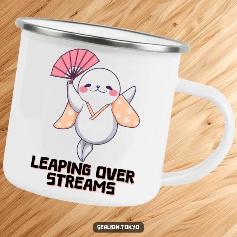 Funny Sealion Camping Mug: A sealion in a bright kimono leaps with a fan, perfect for outdoor drinks with humor.