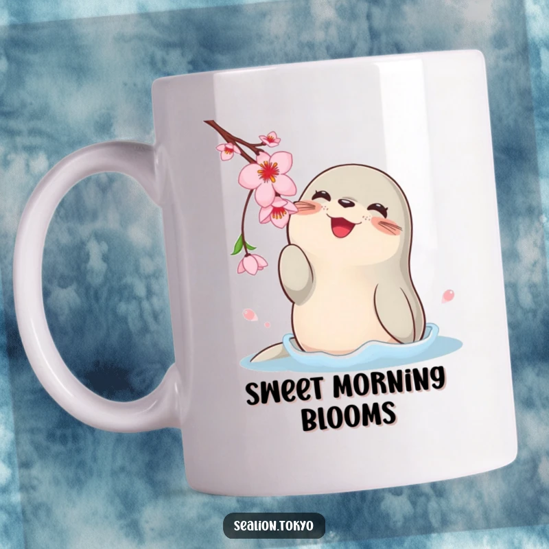 Funny mug showing a happy, round sea lion playfully batting at a delicate dangling cherry blossom with its flippers.