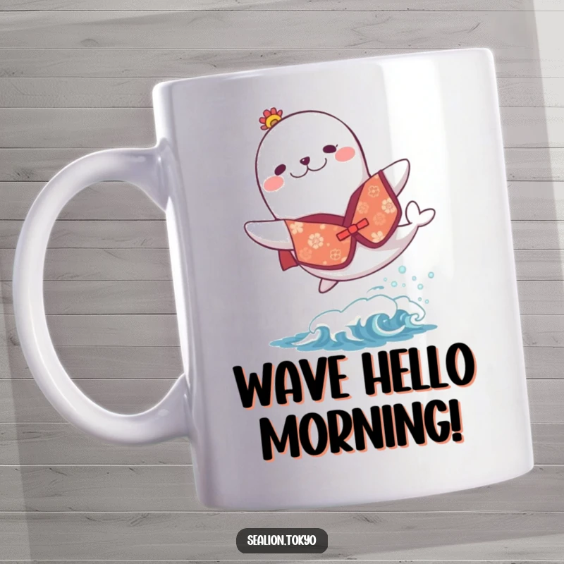 Funny mug showing a sea lion in a festive kimono, joyfully leaping over a small, playful wave with excitement.