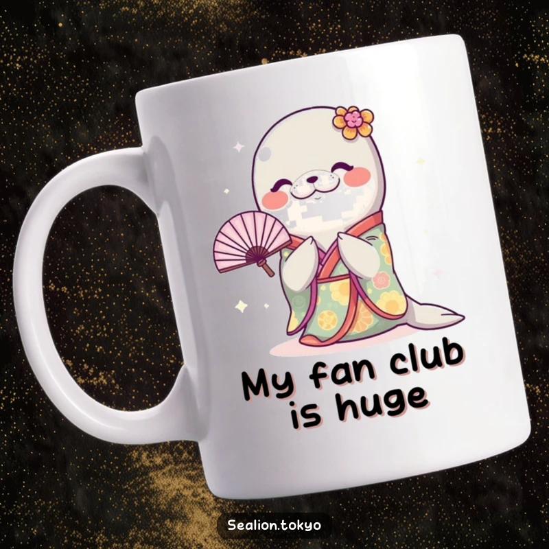 Funny Sealion Mug: A cute sealion in a vibrant kimono bows politely, holding a fan, expressing joy and grace.