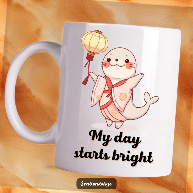 Funny sealion mug in an elegant kimono, gracefully twirling a delicate paper lantern, showcasing serene dance.