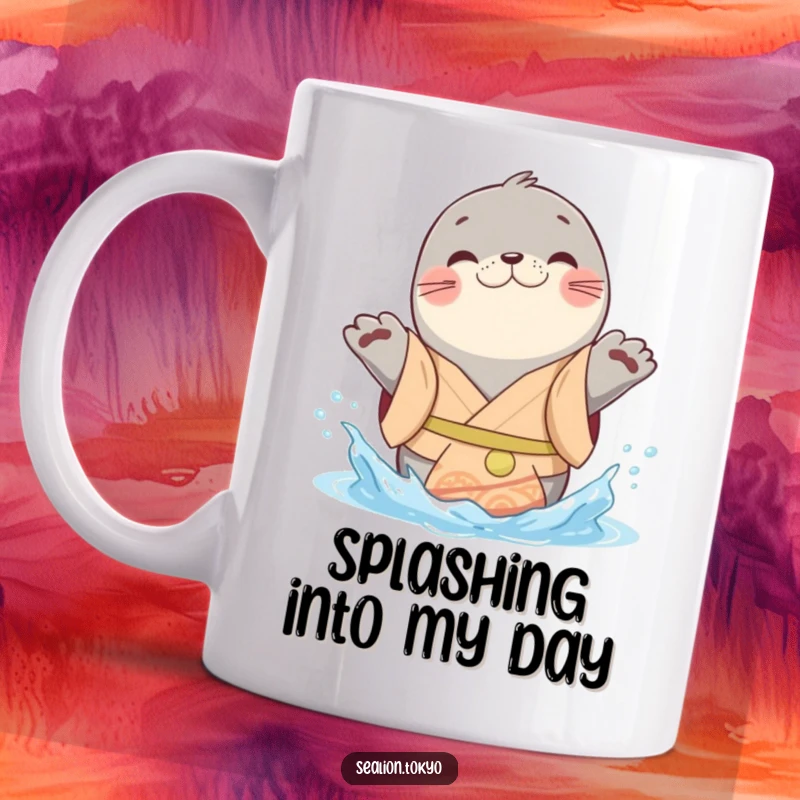 Funny sealion mug with a cheerful kimono, playfully splashing water with its paws, radiating pure joy and fun.