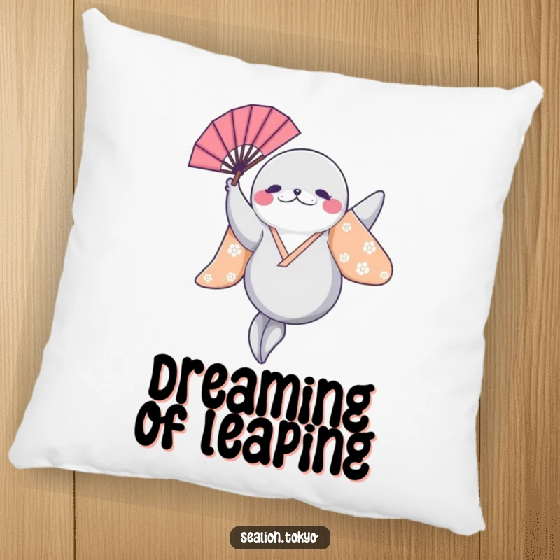 Funny Sealion Pillow: A plush cushion with a sealion leaping in a bright kimono, fan aloft, offering comfort and humor.
