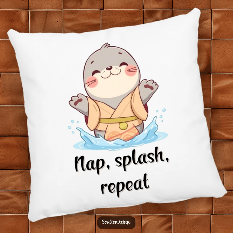 Funny sealion pillow featuring a cheerful kimono-clad animal playfully splashing water with its paws, soft, comfortable, and amusing.