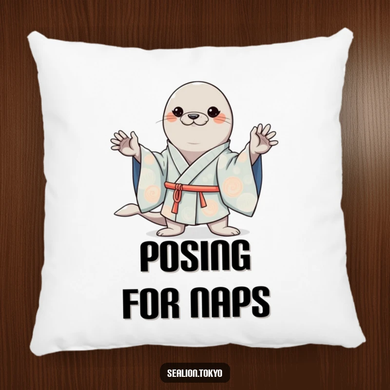 Funny pillow featuring a kawaii sea lion striking a confident pose in a wide-sleeved kimono, perfect for adding cute comfort.