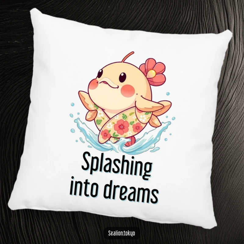 Funny plump seafish splashing water, on a soft pillow, for cozy and humorous aquatic comfort.