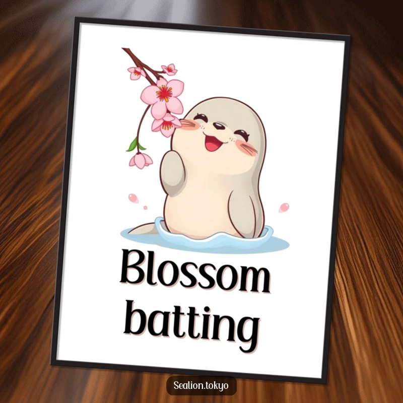 Funny digital art print of a happy, rotund sea lion using its flippers to playfully bat at a dangling cherry blossom.