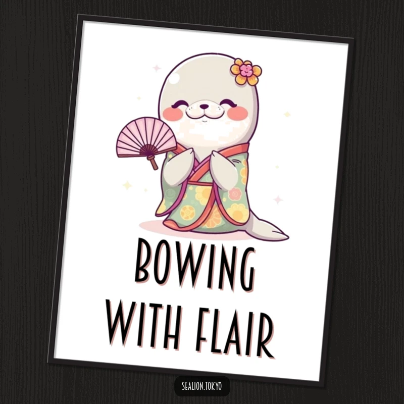 Funny Sealion Digital Art: A printable artwork of a sealion in a kimono bowing with a fan, perfect for humorous wall decor.