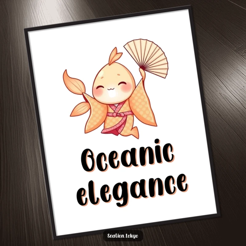 Funny Seafish Digital Art: Seafish in a shimmering kimono gracefully spinning with a fan, whimsical and humorous.