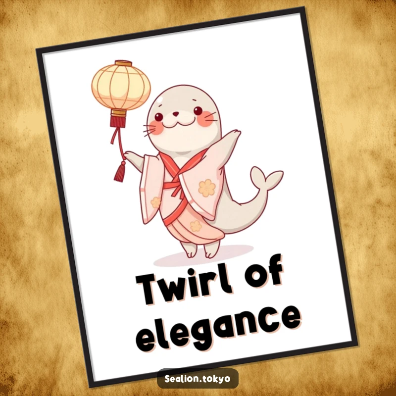 Funny sealion digital art print of an elegant kimono-clad dancer gracefully twirling a paper lantern, full of grace.