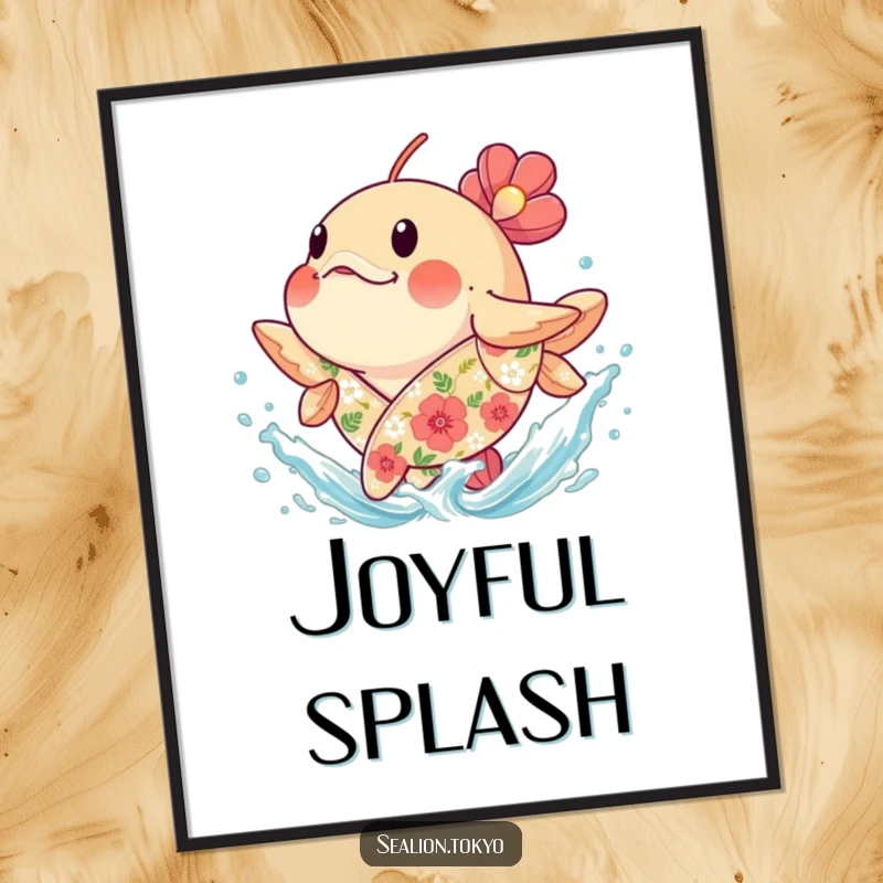 Funny plump seafish splashing water joyfully, as a digital art print, capturing aquatic fun and humor.