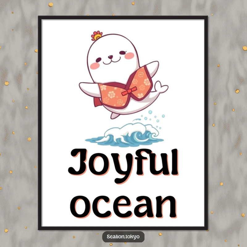 Funny digital art print of a sea lion in a festive kimono, joyfully leaping over a small wave.