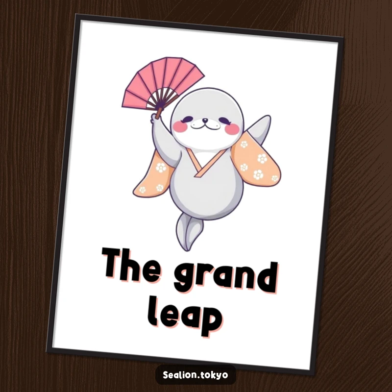 Funny Sealion Digital Art: A printable artwork of a sealion leaping in a bright kimono with a fan, for energetic decor.