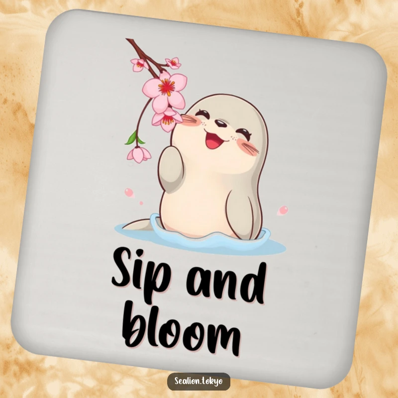 Funny drink coasters featuring a happy, plump sea lion playfully batting at a dangling cherry blossom, adding cheer to surfaces.