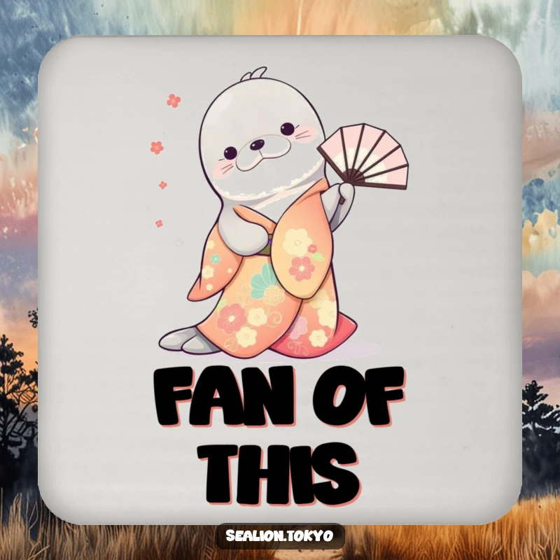 Funny drink coasters featuring a sea lion in a colorful kimono, gracefully bowing with a twirling fan, adding elegance to any surface.