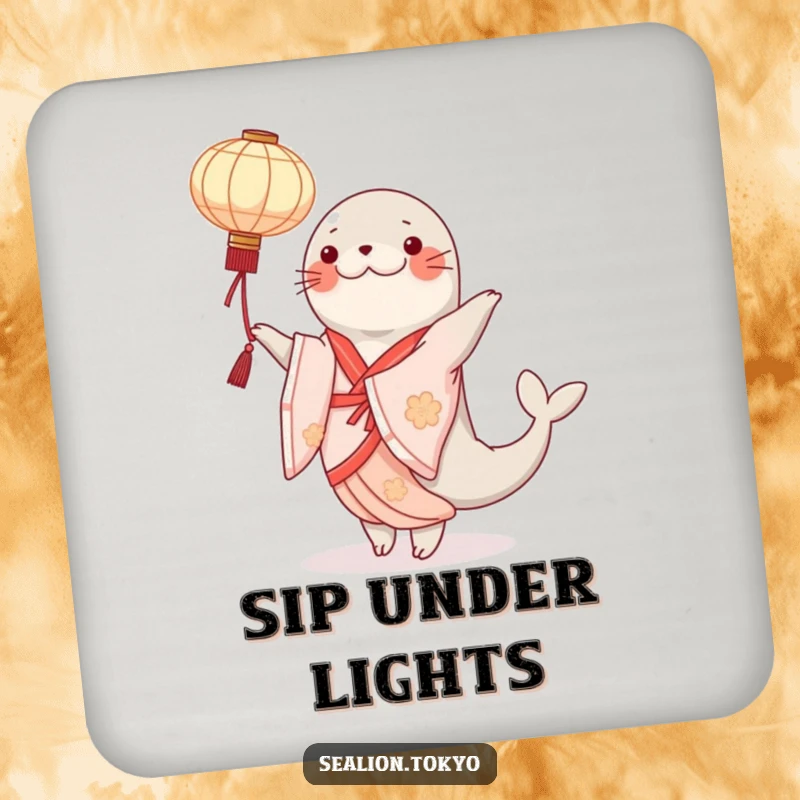 Funny sealion coaster featuring an elegant kimono-clad dancer gracefully twirling a paper lantern, adding artistic charm.