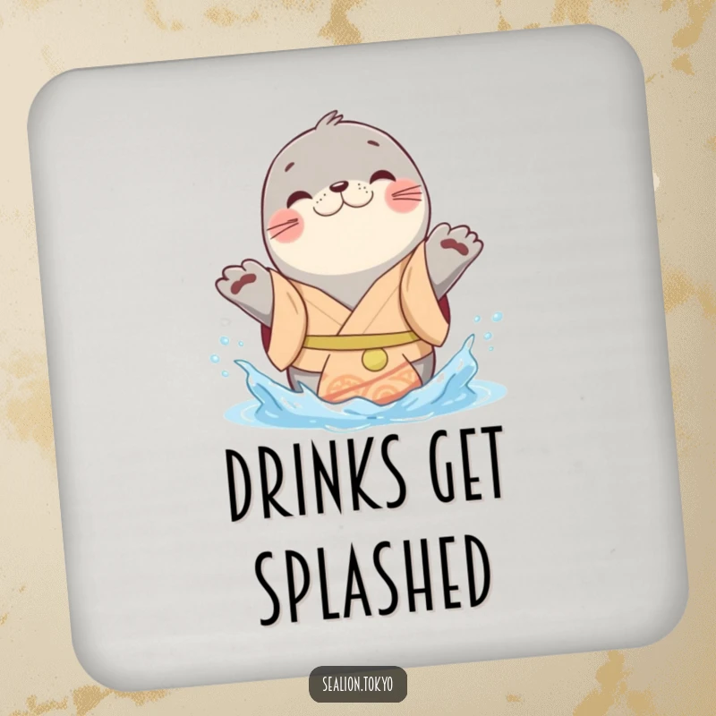 Funny sealion coaster featuring a cheerful kimono-clad animal playfully splashing water with its paws, adding playful charm.