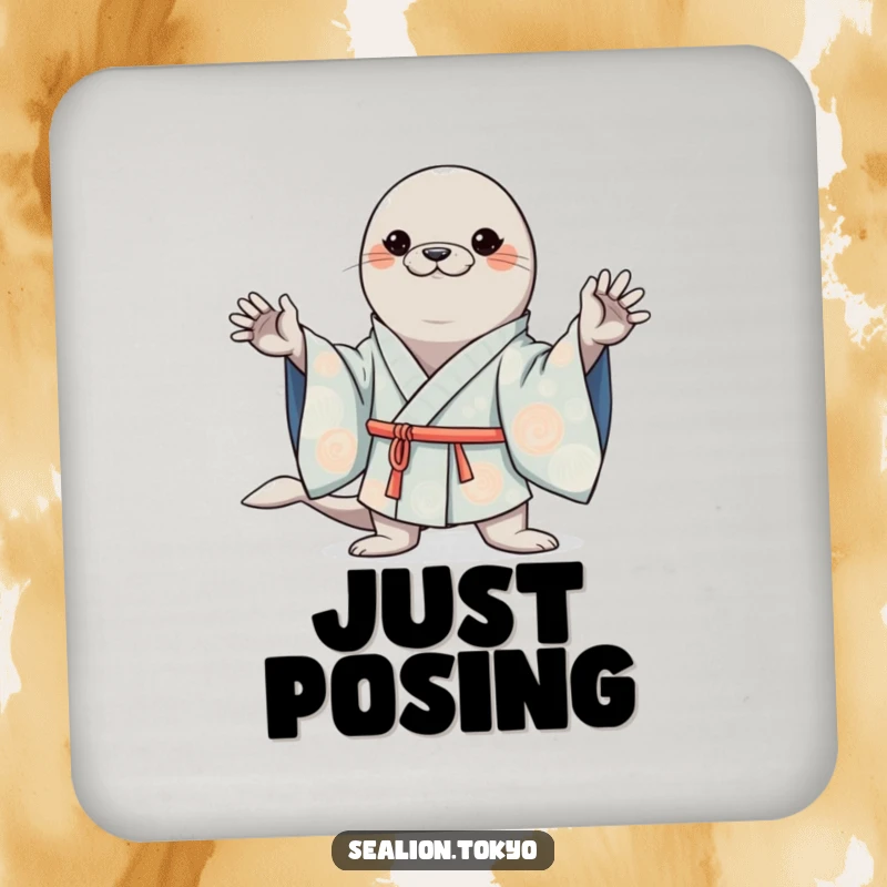 Funny drink coasters featuring a kawaii sea lion striking a confident pose in a wide-sleeved kimono, adding cute charm to any surface.