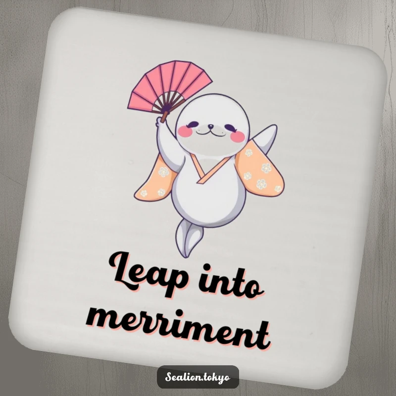 Funny Sealion Coaster: A coaster featuring a sealion leaping in a bright kimono with a fan, offering protection and humor.