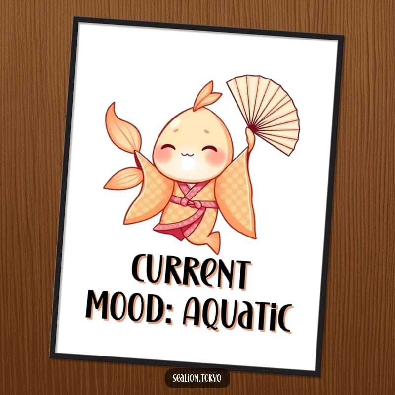 Funny Seafish Poster: A seafish in a shimmering kimono gracefully spins with a fan, adding humor to decor.