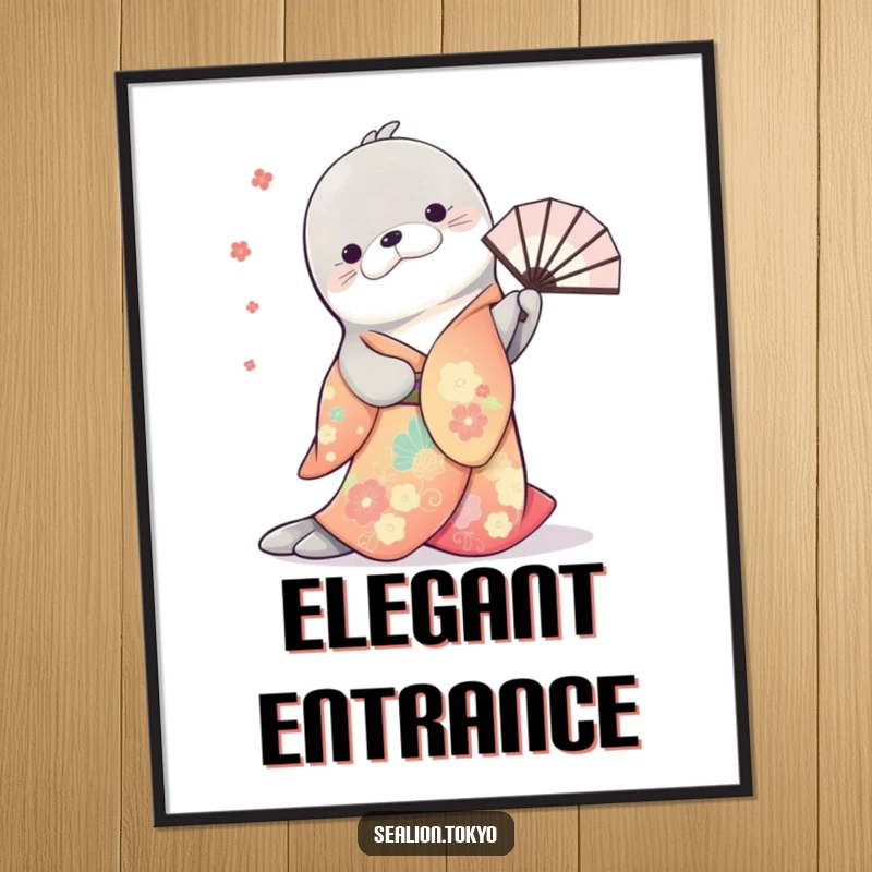 Funny poster of a sea lion in a vibrant kimono, executing a polite bow while gracefully twirling a decorative fan.