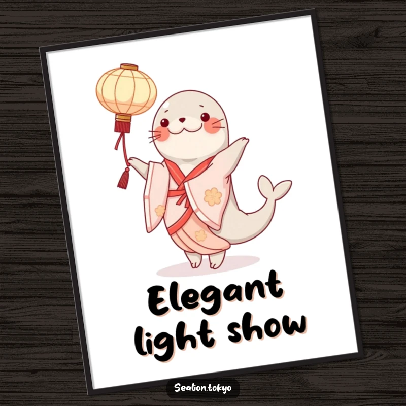 Funny sealion poster of an elegant kimono-clad dancer gracefully twirling a paper lantern, evoking calm and beauty.