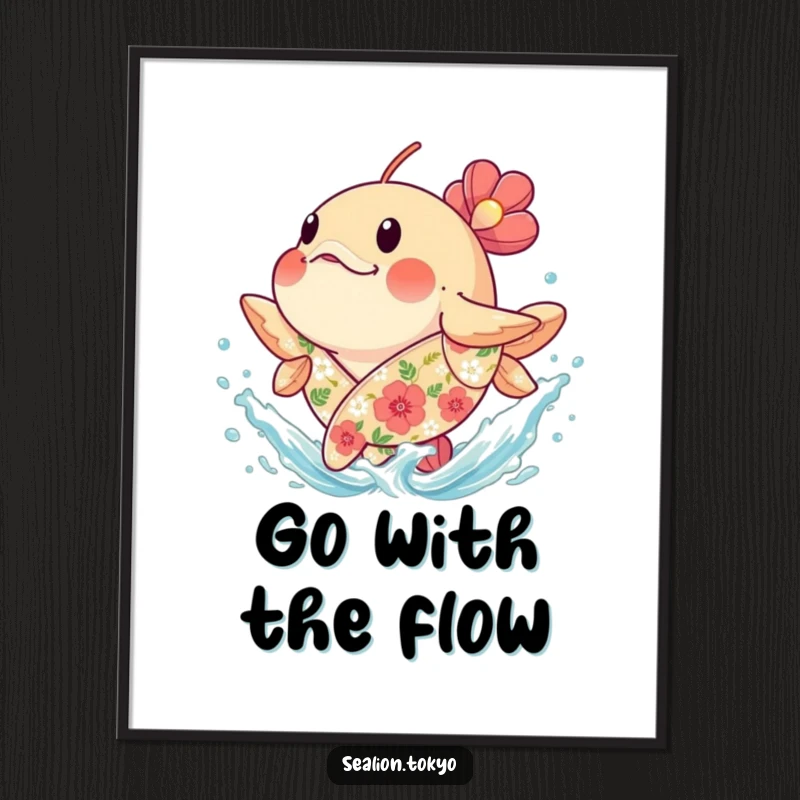 Funny plump seafish in a floral robe splashing water joyfully, displayed as a poster, bringing aquatic humor.