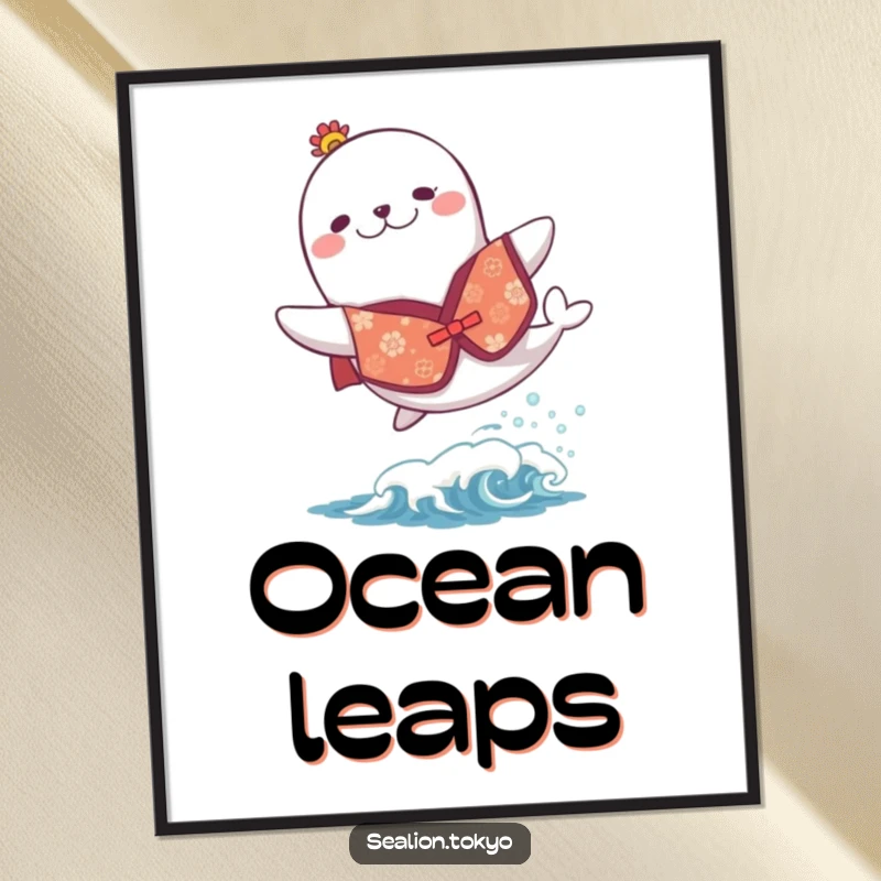 Funny poster of a sea lion in a festive kimono, joyfully leaping over a small wave, adding vibrant decor.