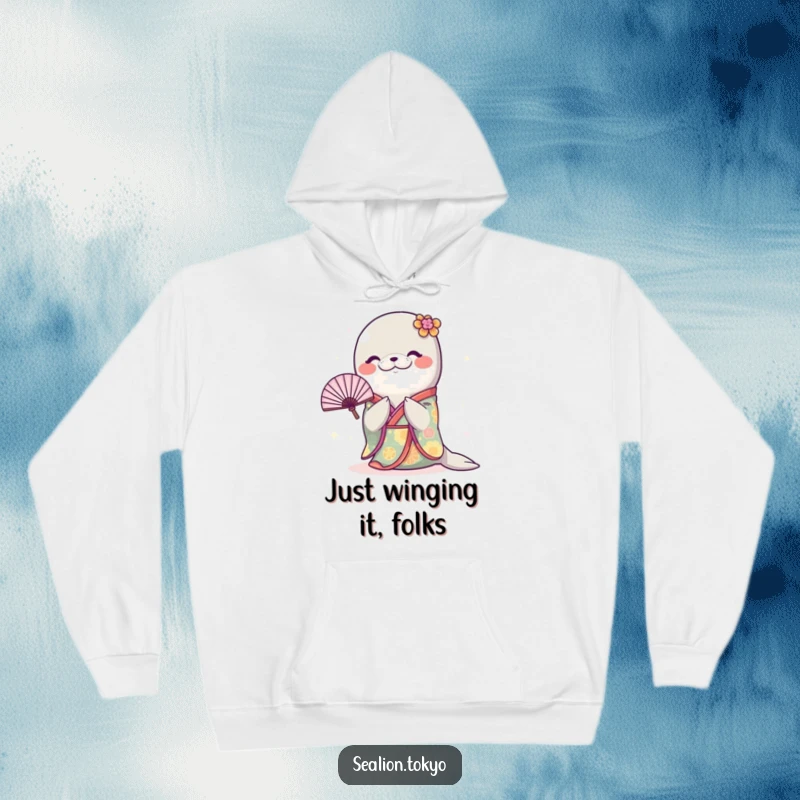 Funny Sealion Hoodie: A happy sealion sports a colorful kimono, bowing with a fan, offering warmth and laughter.