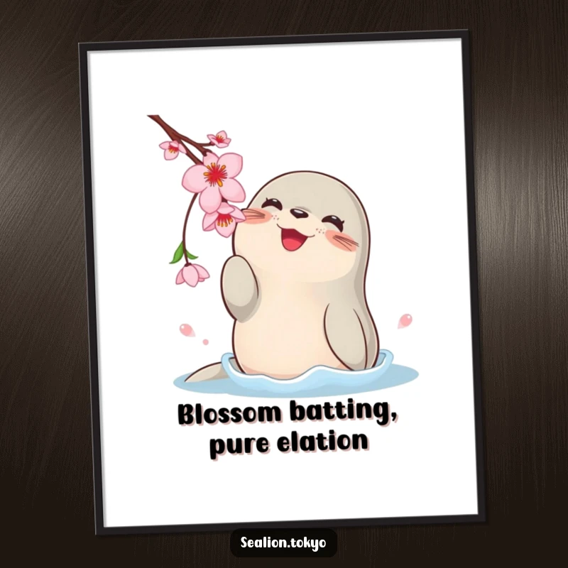 Free Printable Wall Art: Happy rotund sea lion's flippers playfully swatting a dangling cherry blossom