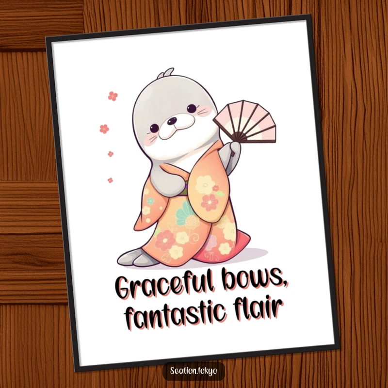 Free Printable Wall Art: Sea lion in a colorful kimono performing a graceful bow with a fan