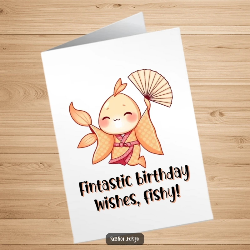Funny Free Printable Birthday Card featuring a seafish in a kimono dancing with a fan.
