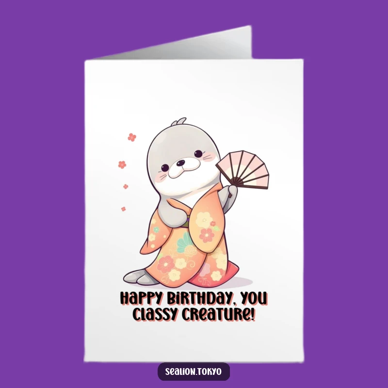 Free Printable Birthday Card: Elegant Sea Lion Kimono Bow Gift