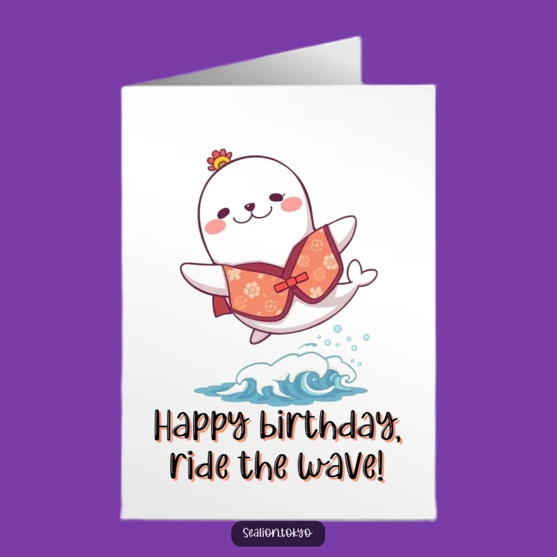Free Printable Birthday Card: Joyful Sea Lion Kimono Wave Jump Gift