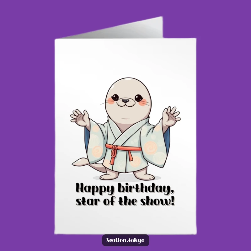 Free Printable Birthday Card: Kawaii Sea Lion Confident Kimono Pose