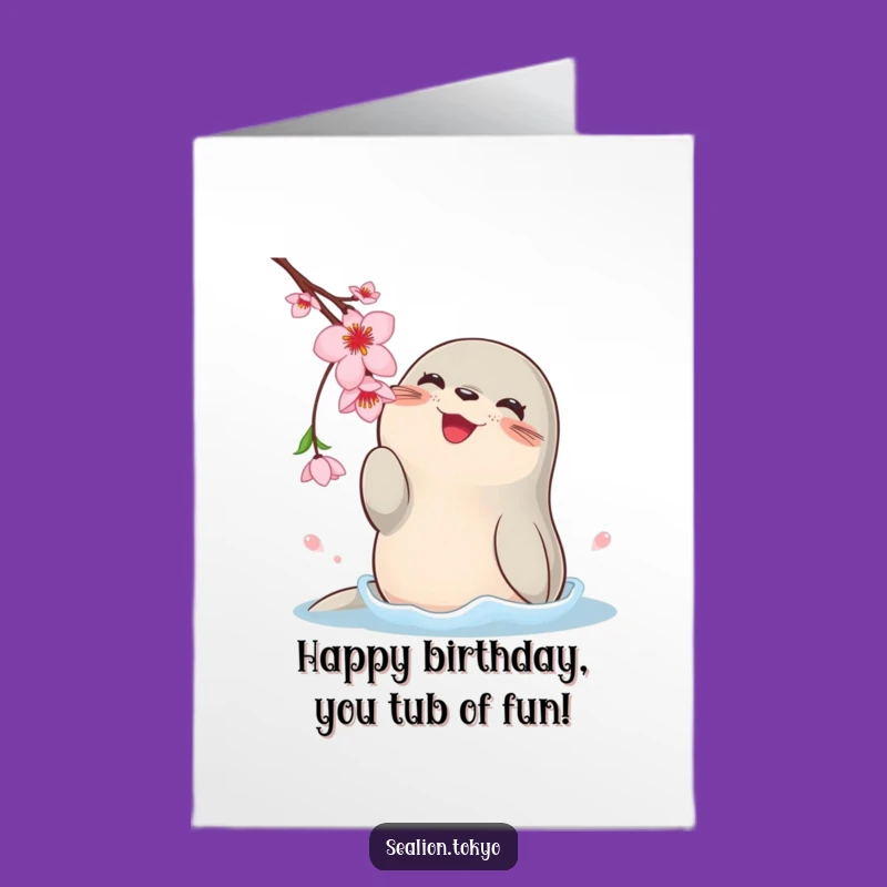 Free Printable Birthday Card: Cute Sea Lion & Cherry Blossom Fun