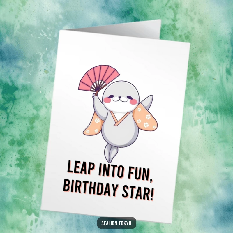 Funny Free Printable Sealion Card: Sealion in a bright kimono leaping with fan aloft.