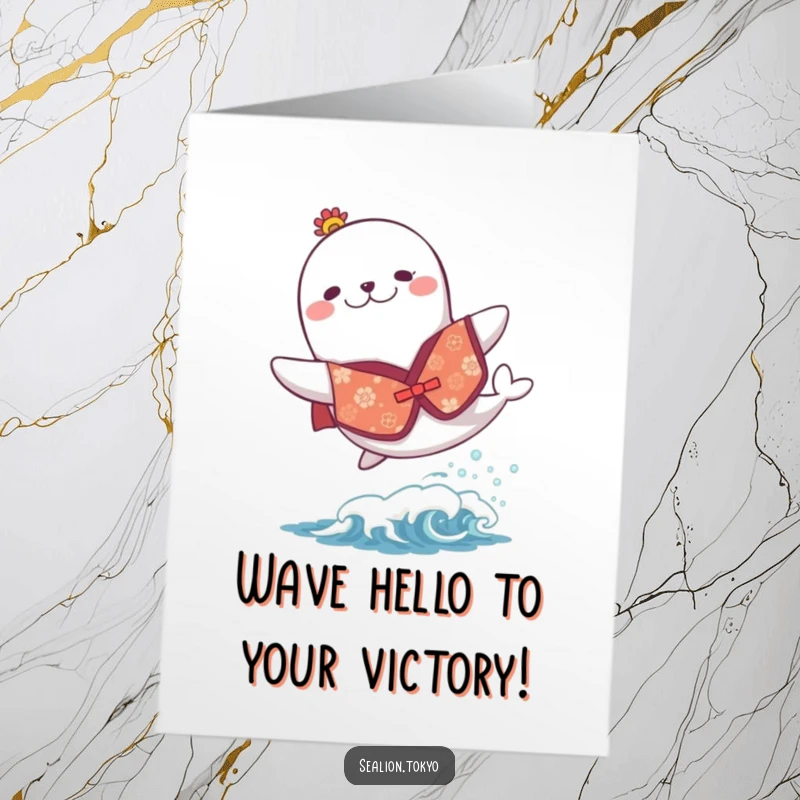 Free Printable Congrats Card: Sea lion in festive kimono joyfully leaping over a wave