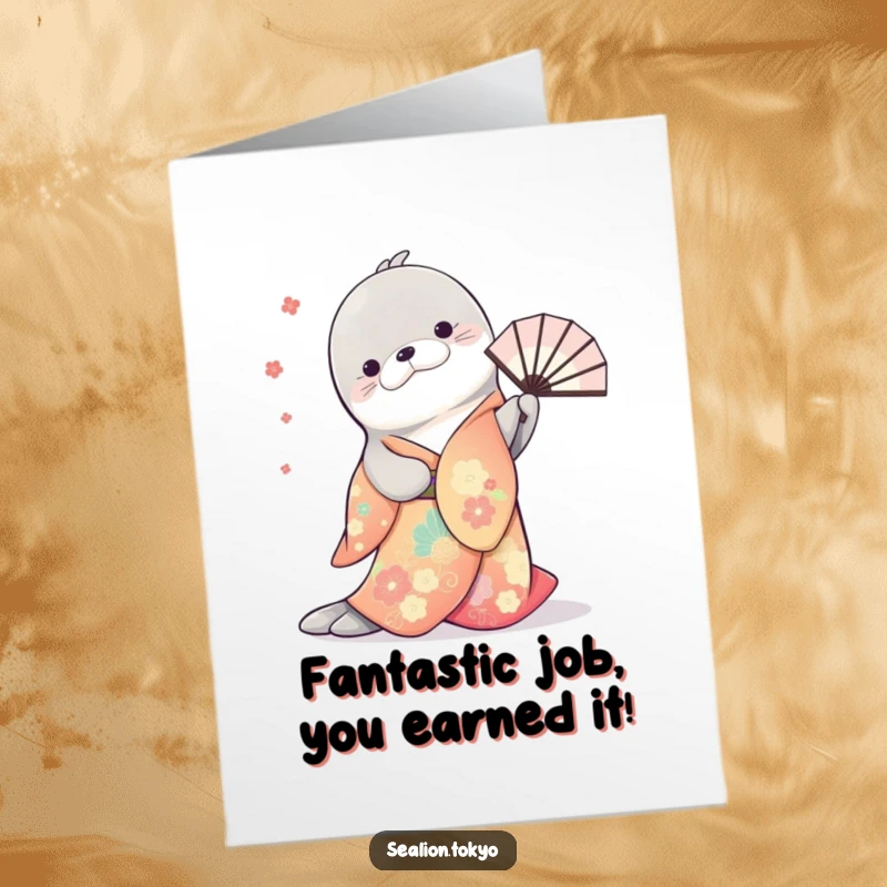Free Printable Congrats Card: Sea lion in a colorful kimono bows elegantly, twirling a fan