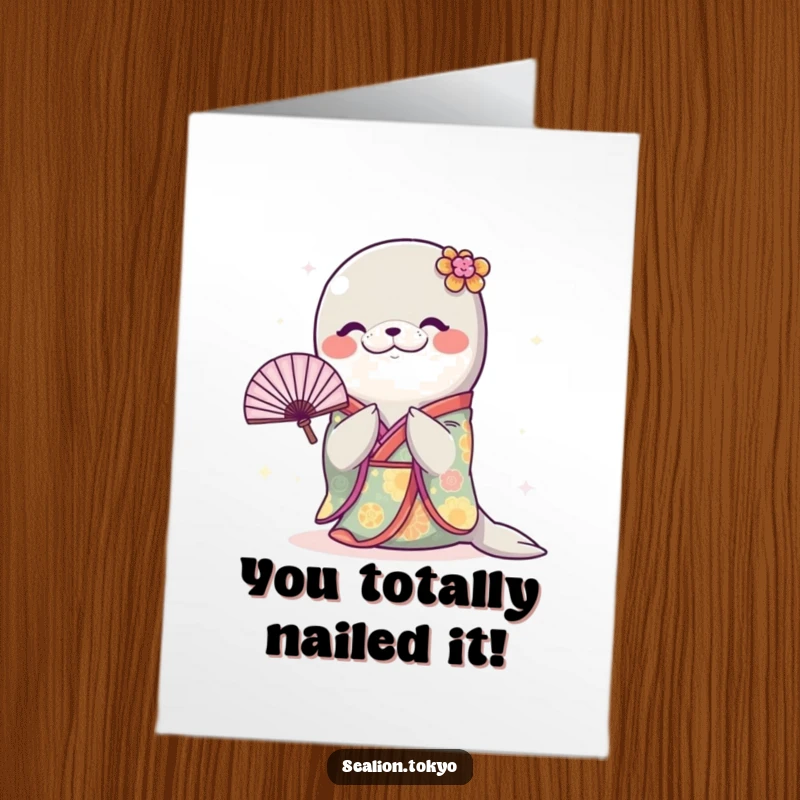 Funny Free Printable Sealion Card: Sealion in a bright kimono leaping with a fan.