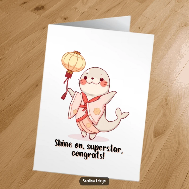 Funny Free Printable Congrats Card: A seal lion in an elegant kimono is seen dancing while twirling a paper lantern.