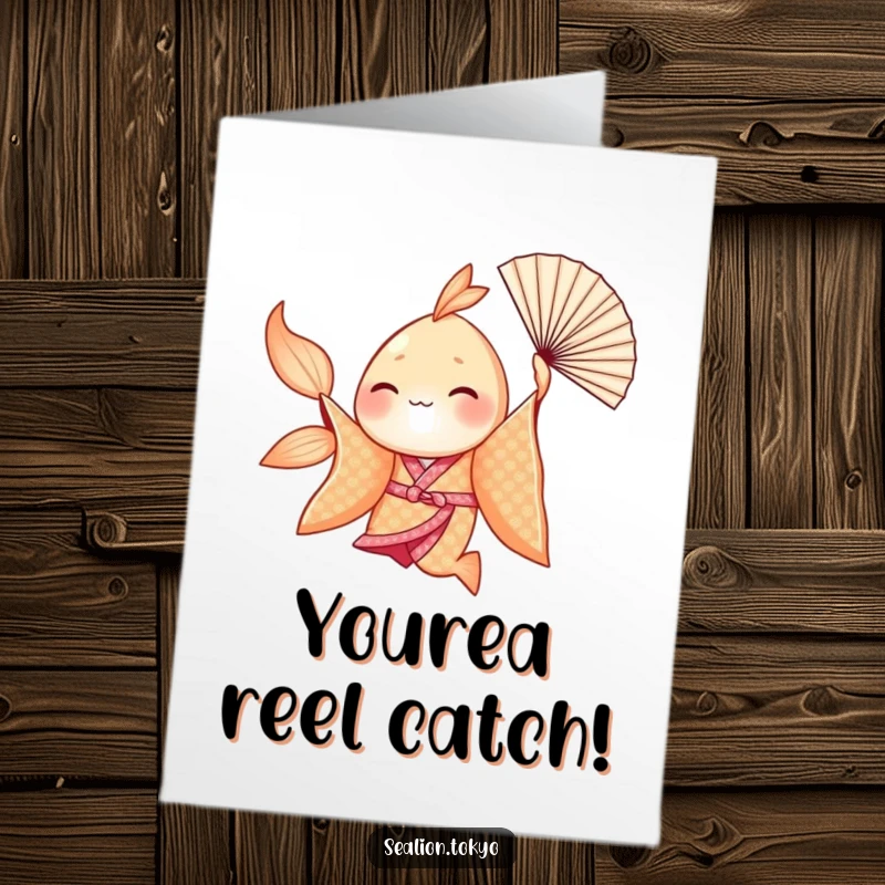 Funny Free Printable Congratulations Card showing a seafish in a kimono with a fan.